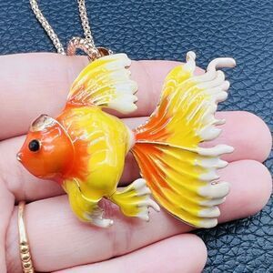 Crystal Enamel Goldfish Fish Pendant Chain Necklace/Brooch NWOT